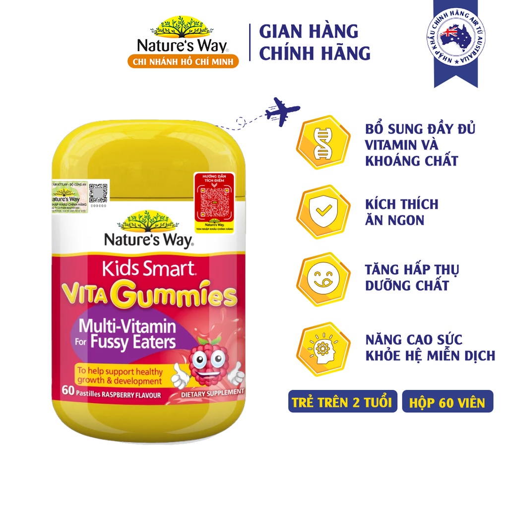 Kẹo dẻo cho bé Nature's Way Kids Smart Vita Gummies Multi Vitamin for Fussy Eaters kích thích ăn ngon 60 Viên