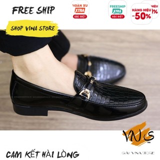 Giày lười nam da bóng - dập vân caro tinh tế - cao thêm 3cm Siêu Mềm