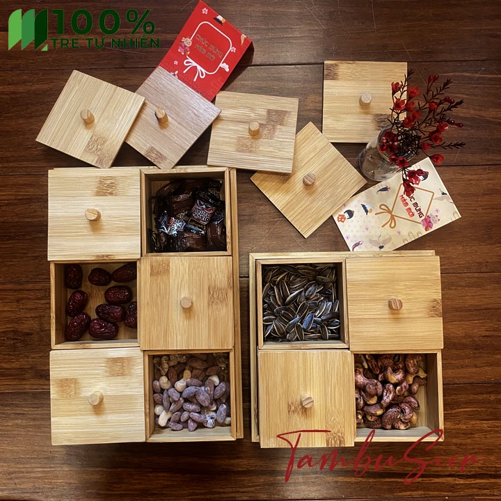 Khay đựng mứt tết, khay bánh kẹo ngày tết bằng gỗ tre 4-6 ngăn