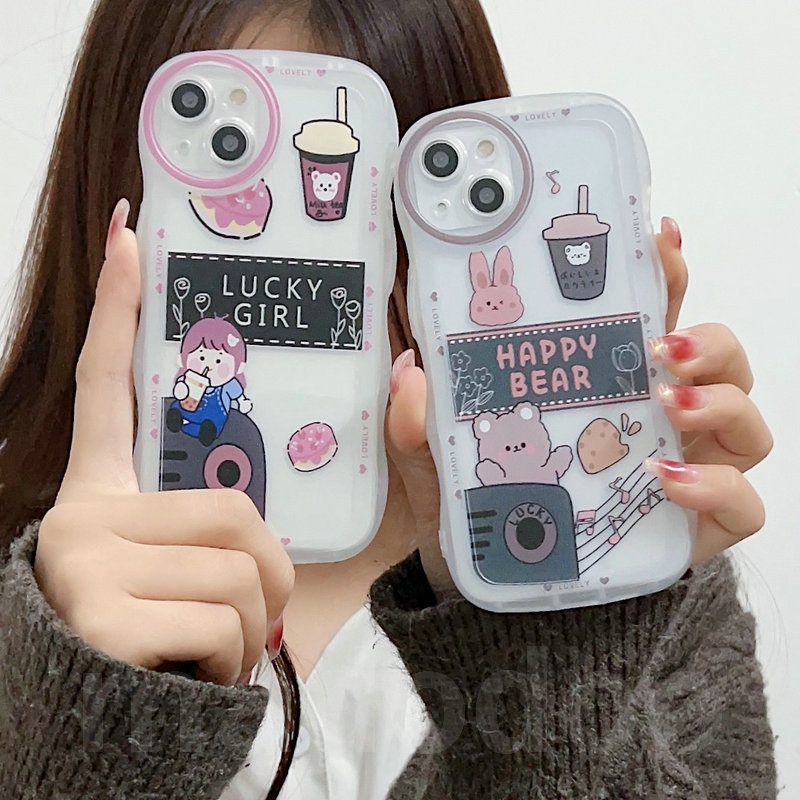 OPPO A17 A77S A76 A96 A54 4G 5G A16 A16S A74 A95 A55 A53 A33 2020 A52 A72 A92 A15S A15S A31 A1K A12E A3S A9 A5 A7 A5S A12 A11K A57 2022 A83 A71 2018 A59 F11 Pro F7 F1S F5 Youth Cartoon Happy Bear Milk tea Lucky Girl Waves Edge Clear Soft Phone Case STB 13