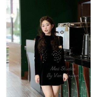 váy nhung cổ tròn đính nơ ngọc