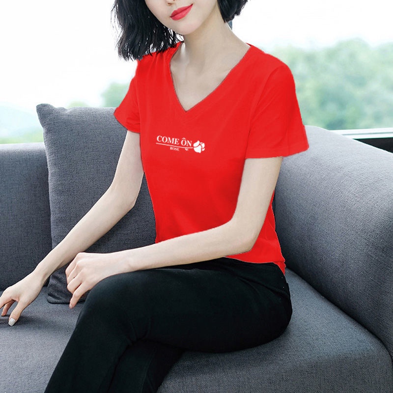 Áo Thun Cotton Tay Ngắn Dáng Rộng Cổ Chữ V Che Bụng Thời Trang Mùa Hè 2023 Cho Nữ