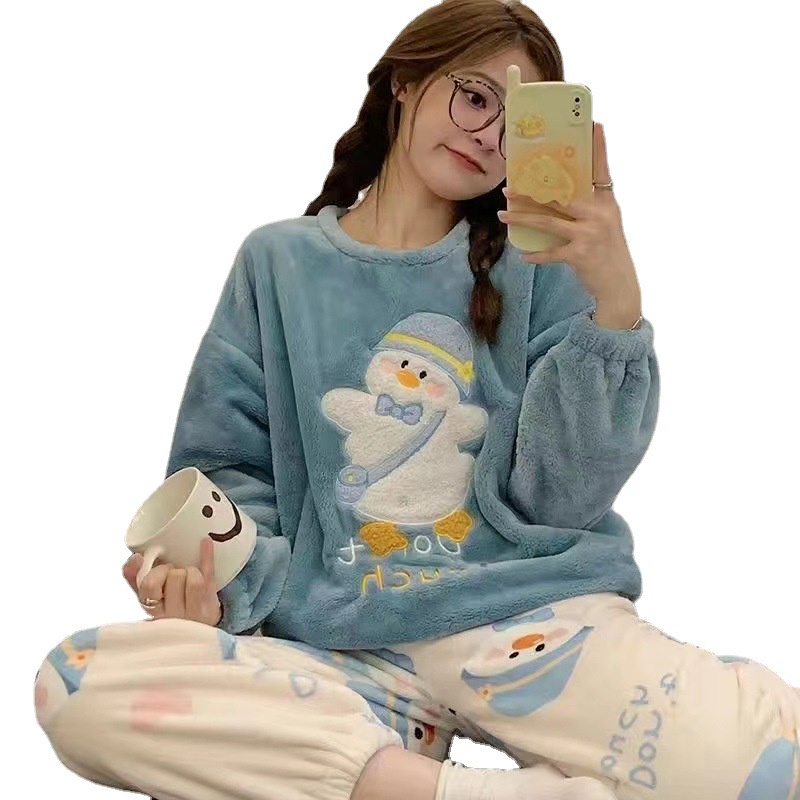 Bộ Đồ Ngủ Nữ Tay Dài Chất ✨Sang trọng Nỉ Phối Lông Cừu San Hô Dày Dặn Plus Size Thời Trang Thu Đông