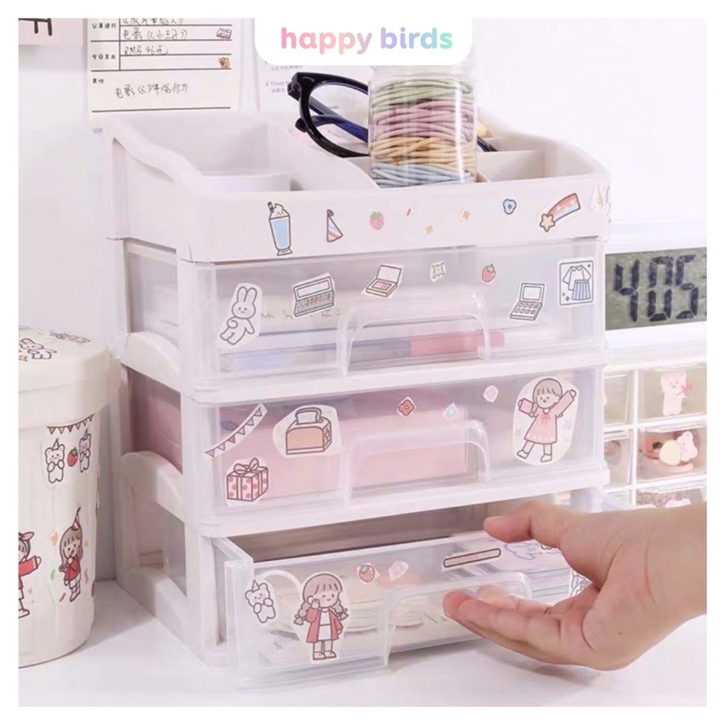 Kệ để bàn học 2 3 4 tầng kệ đựng đồ dùng học tập có ngăn kéo kèm sticker khay đựng mỹ phẩm để bàn bằng nhựa HappyBirds