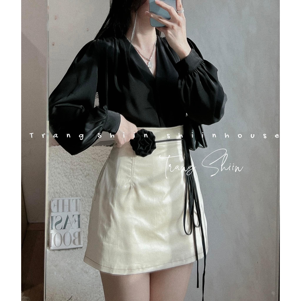 Set áo sơ mi lụa cổ V tay dài phồng kèm chân váy chữ A viền chỉ belt hoa - Trang Shiin
