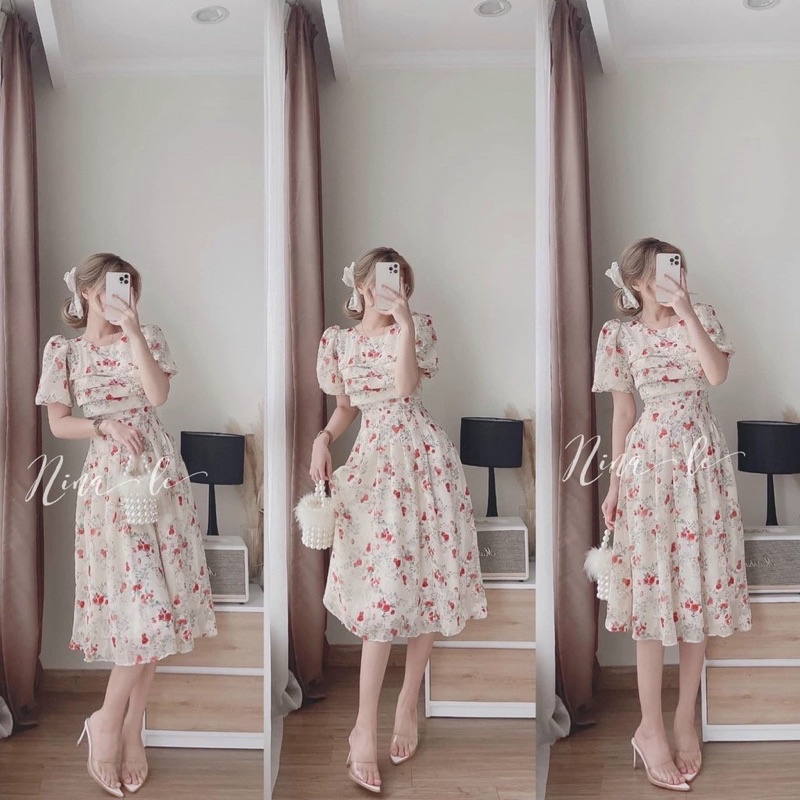 Váy đầm nữ tay ngắn cổ tròn xếp ly ngực chất voan hoa (2 lớp) kiểu dáng trẻ trung quý phái vip72
