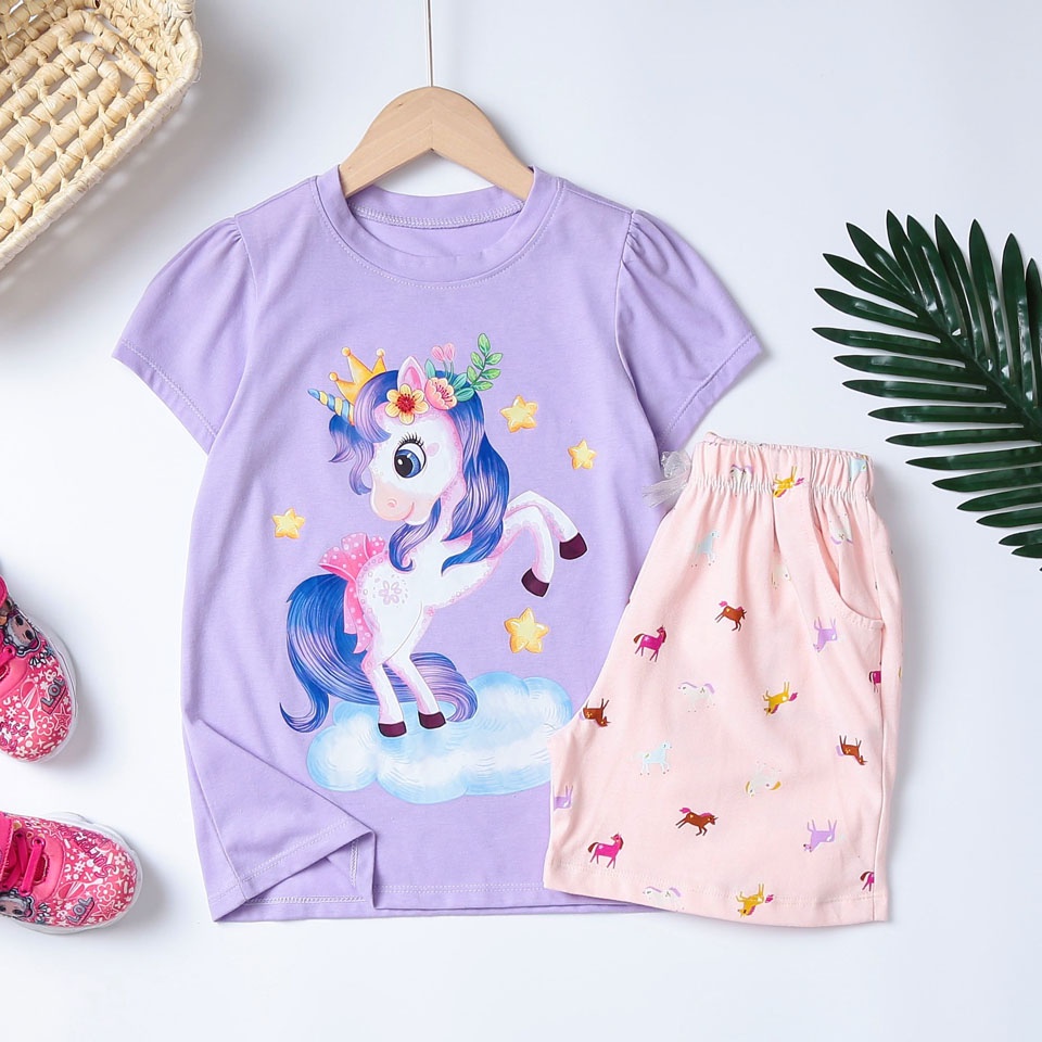 Bộ thun cotton mềm mát in ngựa pony, unicorn tím  , mickey hồng dễ thương
