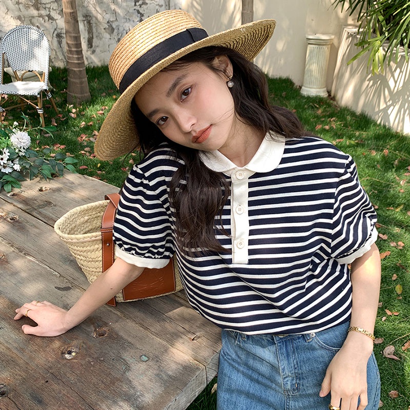 Áo polo Ngắn Tay Dáng Rộng Họa Tiết Kẻ Sọc Thời Trang Hàn Quốc Cho Nữ