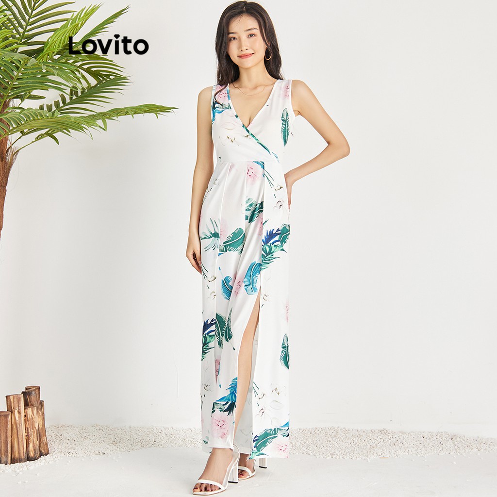 Áo liền quần Lovito xẻ tà ở đùi ôm dáng thắt nơ sau lưng in hoa phong cách Boho L15X008 (màu trắng)