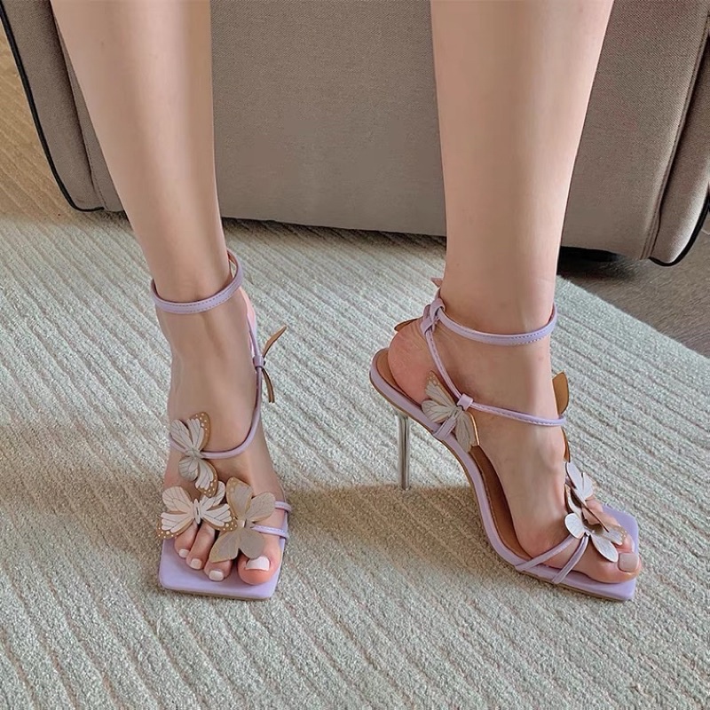 Giày Sandal cao gót mõm vuông đế 10cm gắn bướm dây mảnh siêu nàng thơ