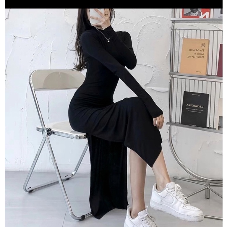 Đầm xẻ 1 tà body thun sexy có 2 màu đen và be tại Cọp con Store( kèm ảnh khách chụp)