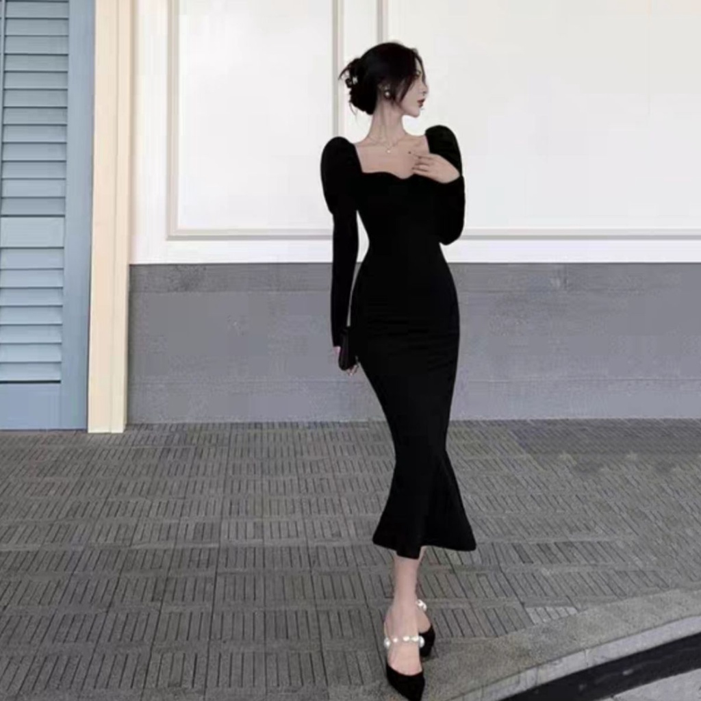 Đầm Cổ Vuông Thiết Kế Mới Thời Trang Theo Phong Cách Pháp 2022✨✨Đầm Đuôi Cá Tay Dài Phồng Màu Đen Phong Cách Hepburn