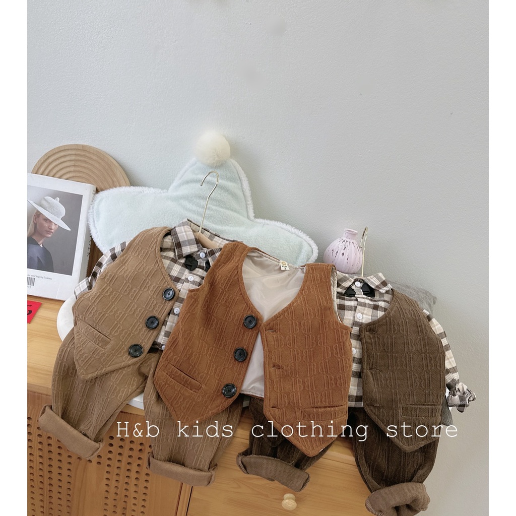 Bộ vest 3 chi tiết kèm nơ cho bé trai từ 8-18kg diện Lễ, Tết- Bộ vest nhung bé trai- Bộ gile bé trai Kidbabyonline K167