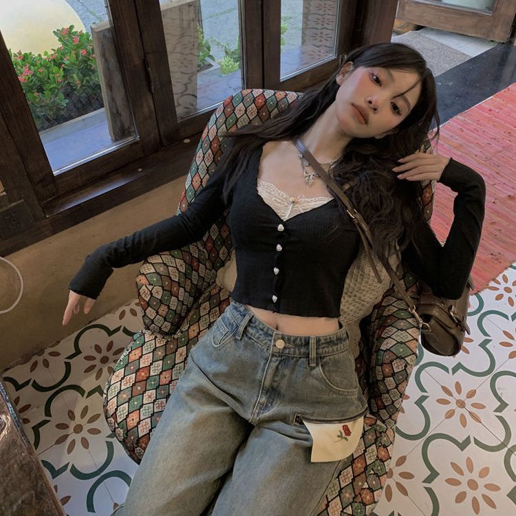 Áo Khoác Cardigan Dệt Kim Mỏng Cổ Chữ V Phối Ren Thời Trang Mùa Thu Cho Nữ