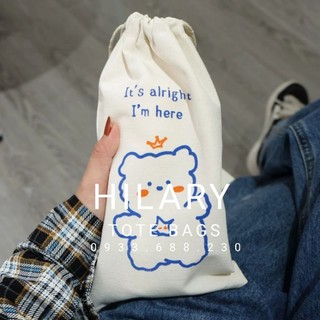 Túi Vải Đựng Ly Bình Nước Dây Rút Canvas In Hình Gấu For Why