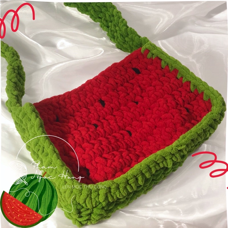 Túi len tote dưa hấu, len móc thủ công