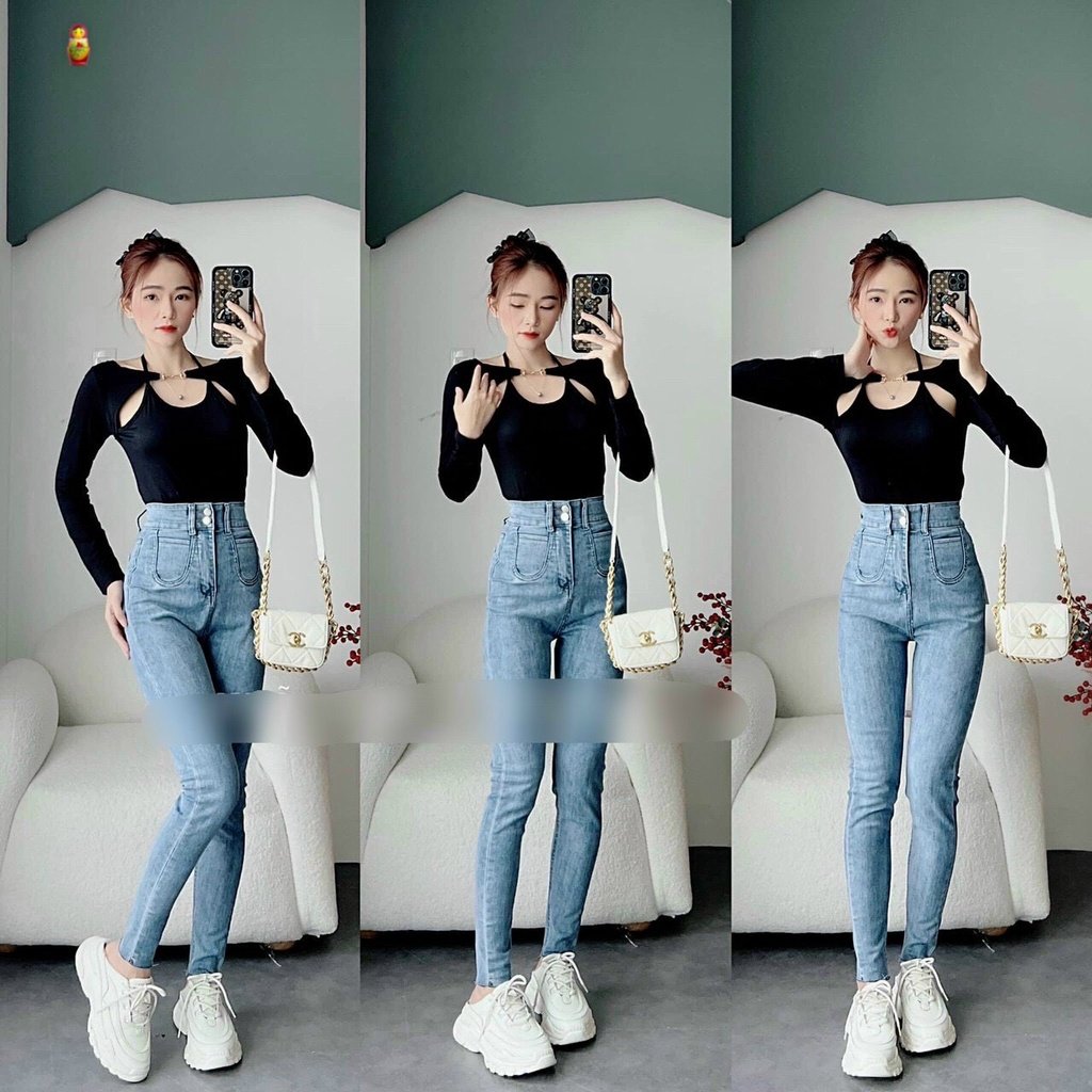 Áo kiểu tay dài phối kiểu cổ yếm 1 dây móc ngang ngực cực hot , chất thun gân dày dặn