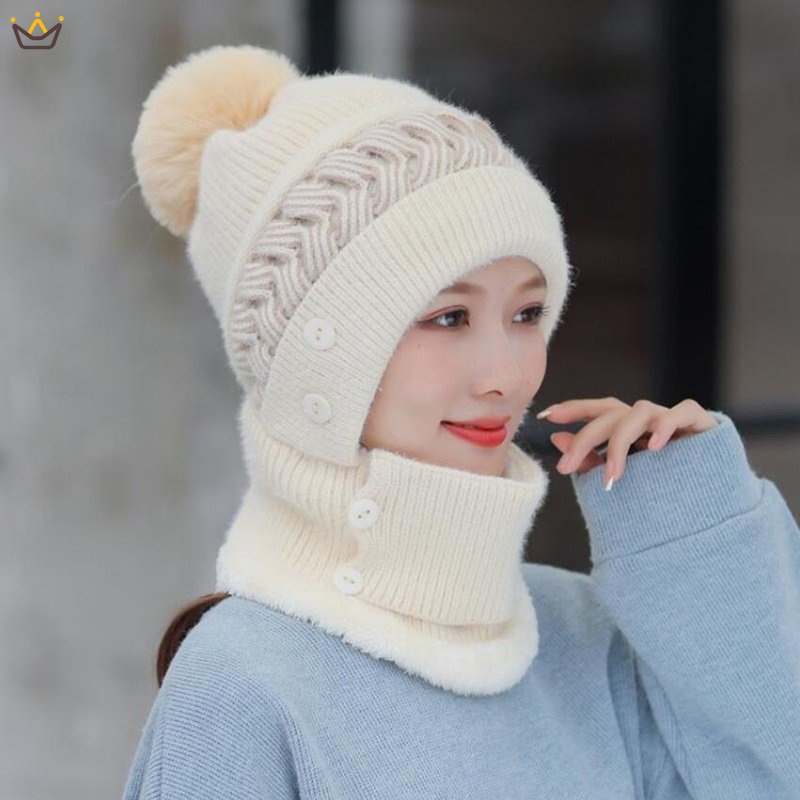 Bộ Nón + Khăn Choàng Cổ Dệt Kim Chống Gió Thời Trang Mùa Đông Cho Nữ