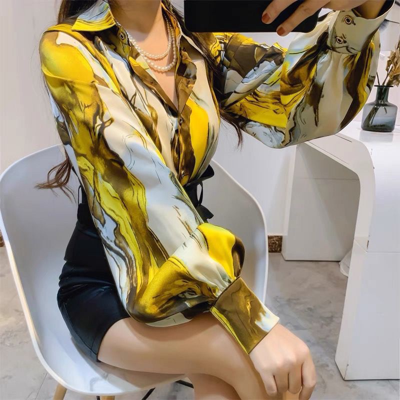 Áo Sơ Mi Chiffon Tay Dài Phồng Dáng Rộng In Họa Tiết Thời Trang Cho Nữ