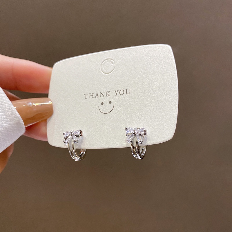 Khuyên Tròn Bạc 925 Hanada Bông Tai Tròn Bấm Bật Nơ Đính Đá Tiểu Thư 1014 D1