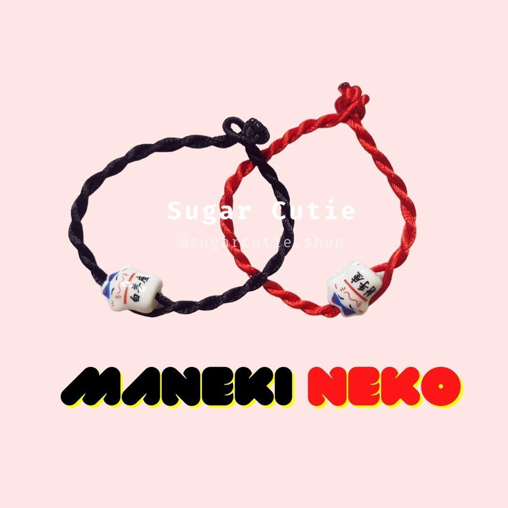 Vòng dây tim đỏ đen charm mèo Nhật Bản Maneki Neko