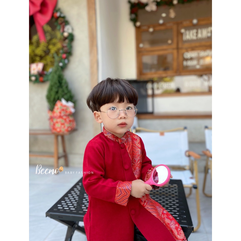 Sét áo dài cách tân cho bé trai Beemo,áo dài thân phối gấm rồng sang trọng cho bé trai,hàng thiết kế chuẩn loại 1