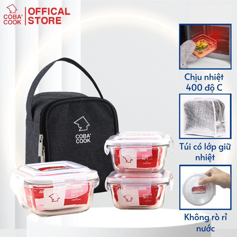 Bộ hộp đựng cơm thủy tinh COBA'COOK hình vuông kết hợp kèm túi - CCS5S33BS