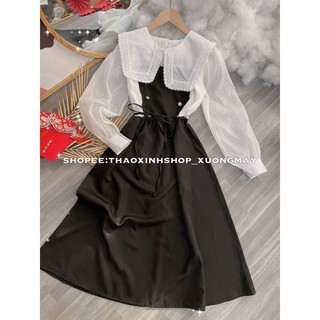 Đầm maxi đen phối trắng cột dây