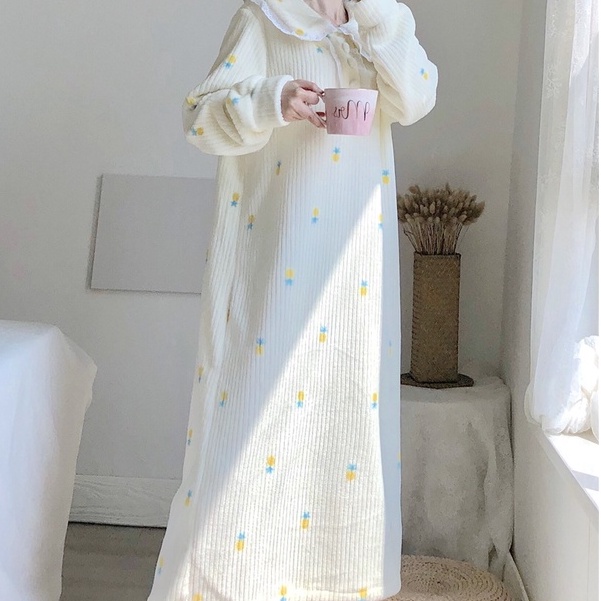 Đầm Ngủ Dáng Dài Bằng Vải Bông Họa Tiết Quả Dứa Dễ Thương Thời Trang Mùa Đông 202