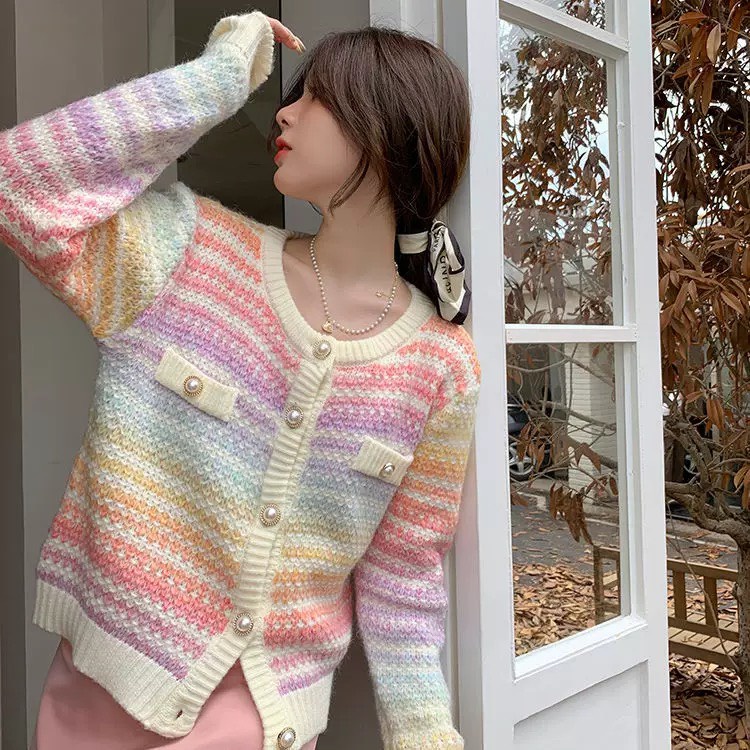 Áo Khoác Len Cầu Vồng Nút Ngọc LSEOUL K0339 Chất Dày Dặn Ngọt Ngào Nữ Tính