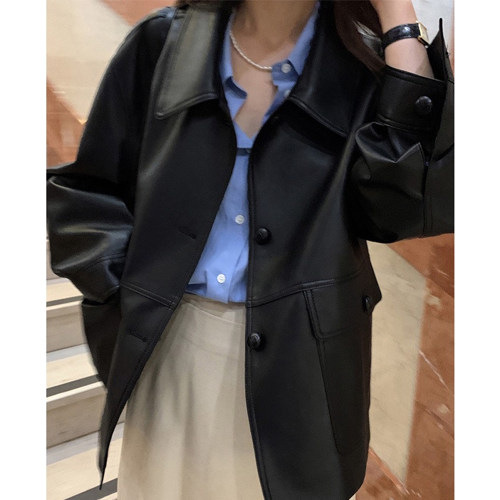 𝗺𝗶𝗲 𝘀𝘁𝘂𝗱𝗶𝗼 - HÀNG CÓ SẴN Áo khoác da đen. cúc tròn