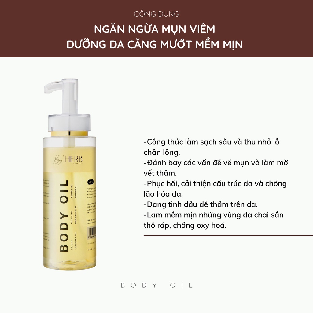 Combo Dưỡng Trắng Da Body Herbal Whitening Body Lotion 250g và Dầu Dưỡng Da Body Oil Bha By'HERB 250ml