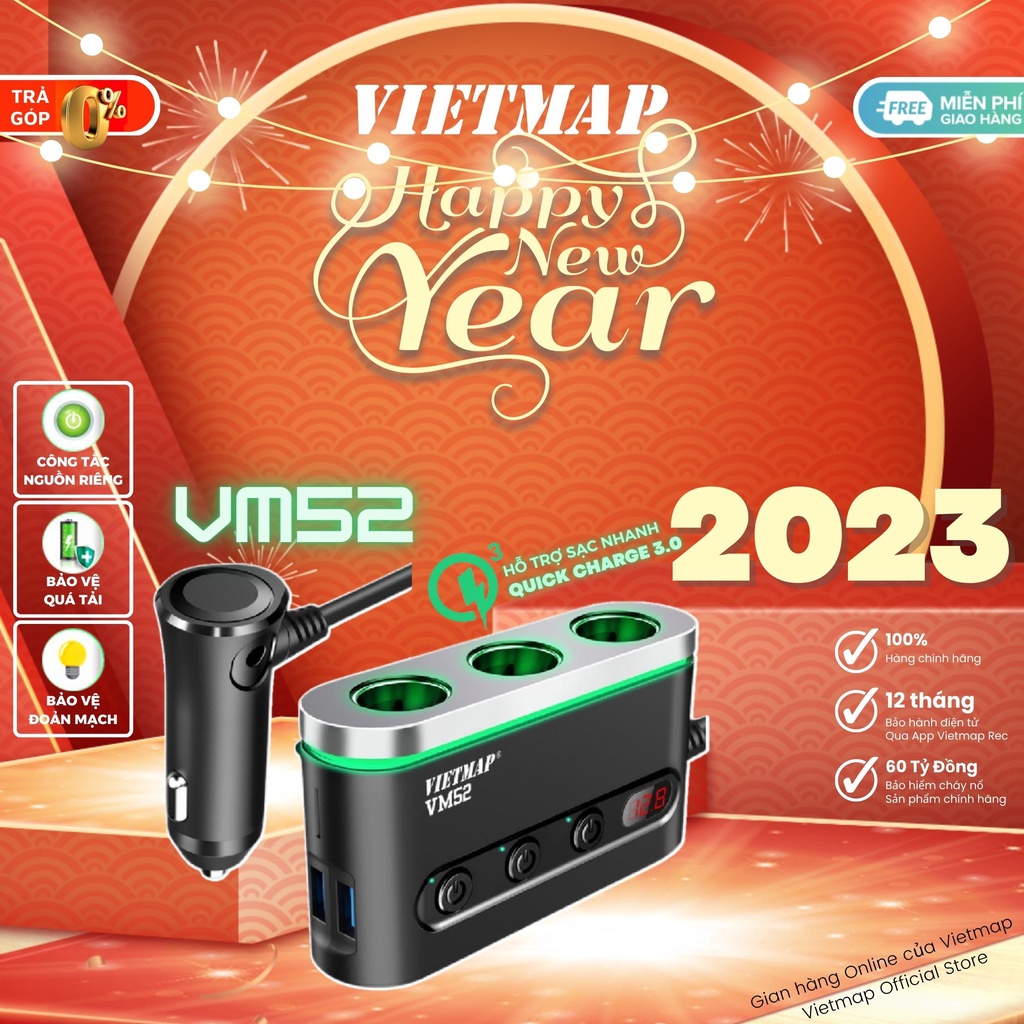 VIETMAP VM52 - Bộ chia sạc ô tô đa năng - Sạc nhanh Quick Charge QC 3.0 - Hàng chính hãng