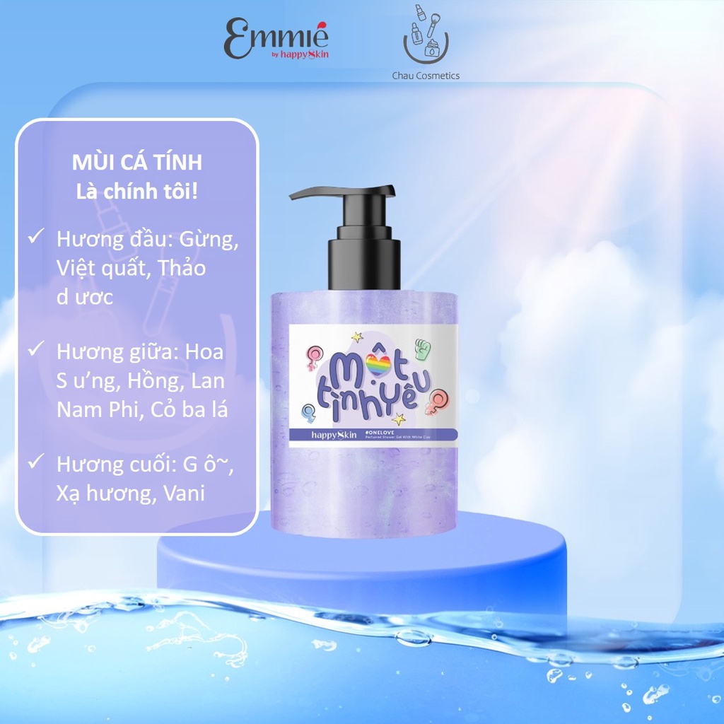 Sữa tắm nước hoa Emmié by Happy Skin lưu hương 8% đất sét giảm mụn lưng cơ thể Emmie Perfumed Shower Gel