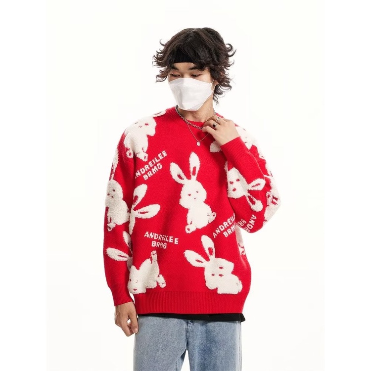 Áo Sweater Màu Đỏ In Hình Thỏ Phong Cách Trung Hoa Cho Cặp Đôi