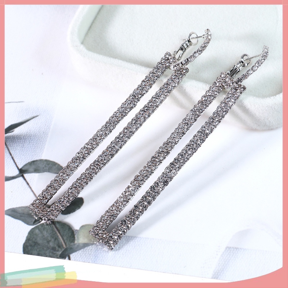 Khuyên tai nữ dáng dài đính đá dáng chữ nhật rỗng