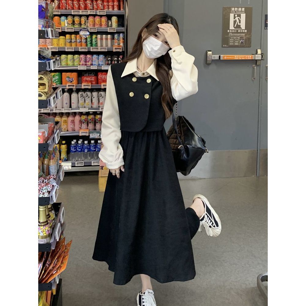 🎀váy babydoll dáng dài váy mùa đông cho nữ váy dài Đầm Dài Tay Giả Hai Lớp Phong Cách Hàn Quốc Thanh Lịch Dành Cho Nữ