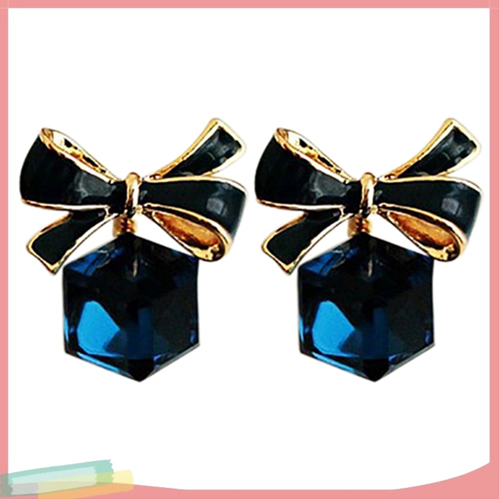 Đôi khuyên tai hình khối Zircon phối nơ thời trang cho nữ