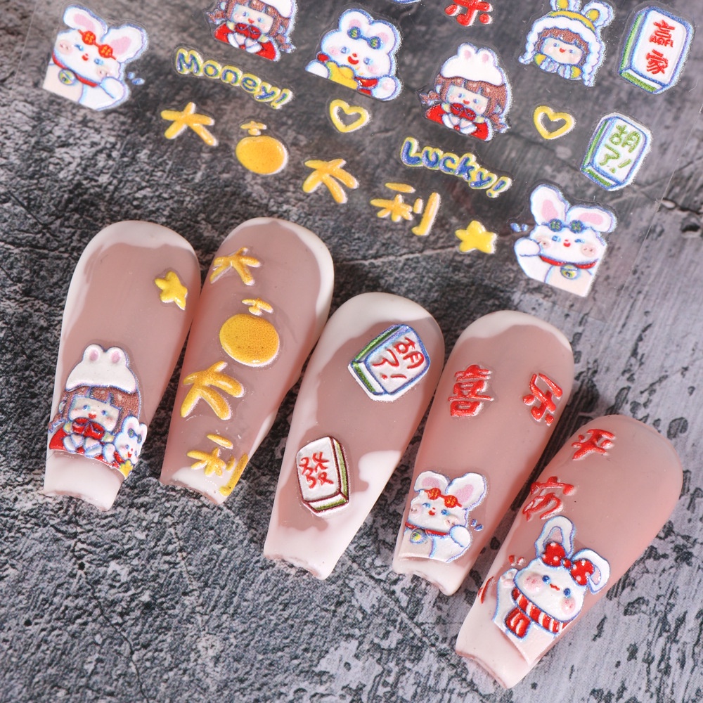 Đề Can Acrylic Dập Nổi Hình Thỏ Con 5D Kiểu Trung Hoa Dễ Thương Trang Trí Móng Tay / Lễ Hội Năm Mới BE5D-K