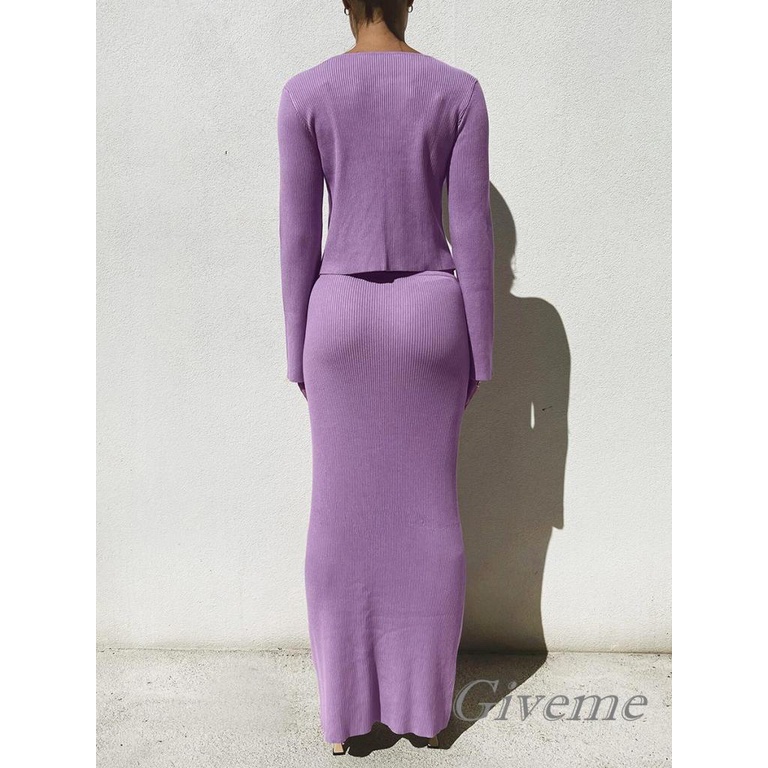 Set Áo Len Dài Tay 2 Dây + Chân Váy Dài Màu Sắc Đơn Giản Thanh Lịch Dành Cho Nữ