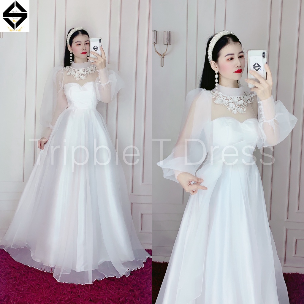 Đầm maxi măc cưới TRIPBLE T DRESS cho dâu xinh đi bàn nhẹ nhàng phối ren cổ - size S/M/L - MS314V