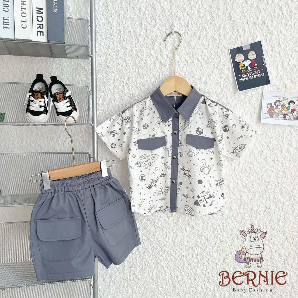 Set bộ sơ mi vũ trụ BERNIE cho bé trai phong cách Hàn Quốc đi chơi đi học, Lễ Tết BE40