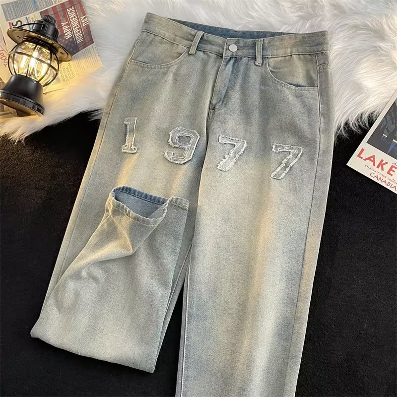 Quần Jeans Dài Ống Rộng Thêu Chữ 1977 Phong Cách Đường Phố Mỹ Size S-3XL Thời Trang Thu Đông Cho Nam