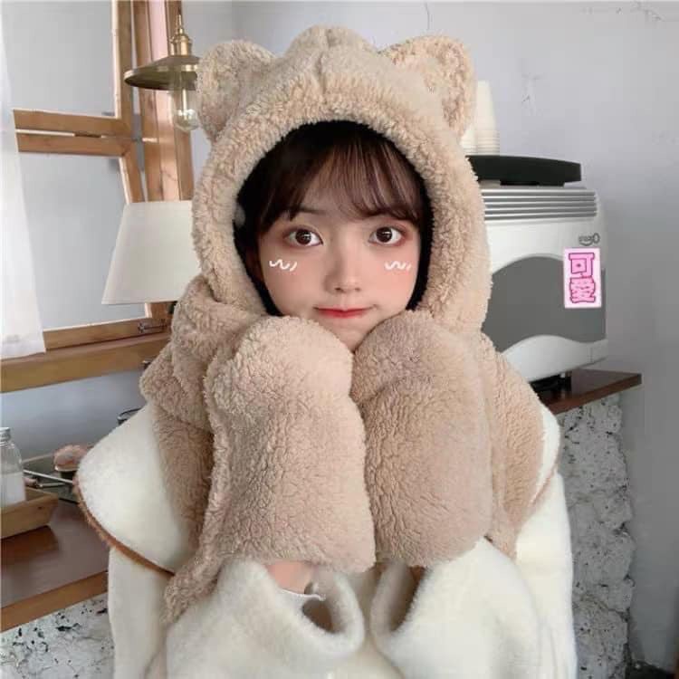 Mũ Lông Cừu 3in1 Tai Gấu 𝐒𝐇𝐎𝐏𝐄𝐌𝐓𝐑𝐀𝐍𝐆𝟕 Mũ lông cừu kèm khăn, găng tay siêu ấm áp, đáng yêu