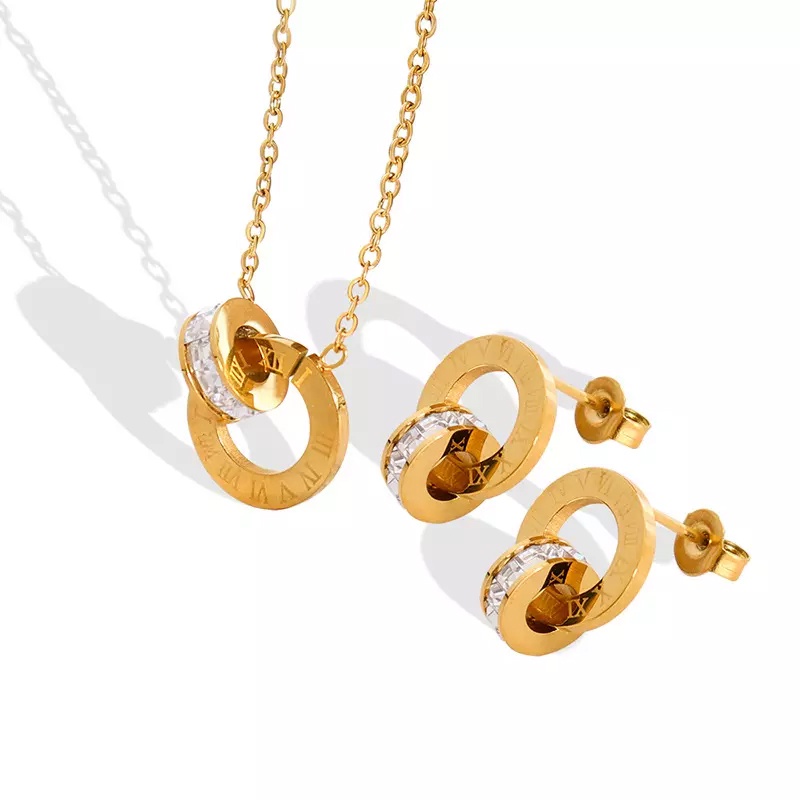 Besfome Set Vòng cổ Và Bông Tai Hai Vòng Tròn Khắc Số La Mã Đính Đá Zircon Thời Trang