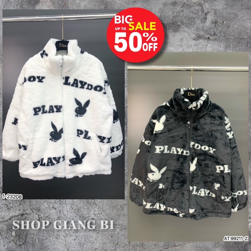Áo khoác lông hoạ tiết thỏ play boy,áo khoác nỉ bông siêu ấm hoạ tiết hình thỏ playboy form dáng hàn quốc
