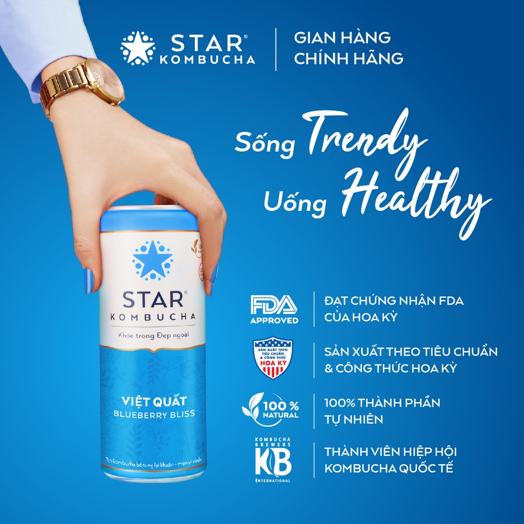 Thùng 12 lon STAR KOMBUCHA Việt Quất / Blueberry Bliss (250ml/lon) - Trà lên men kombucha bảo vệ sức khoẻ