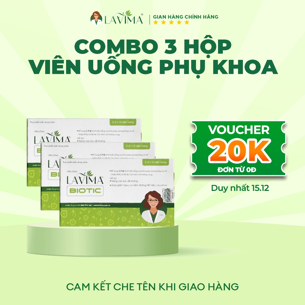 Combo 3 Hộp Viên Uống Phụ Khoa, Men Vi Sinh Vùng Kín LAVIMA BIOTIC 20 Viên, Giảm Khí Hư, Ngứa Rát, Ngăn Ngừa Tái Phát