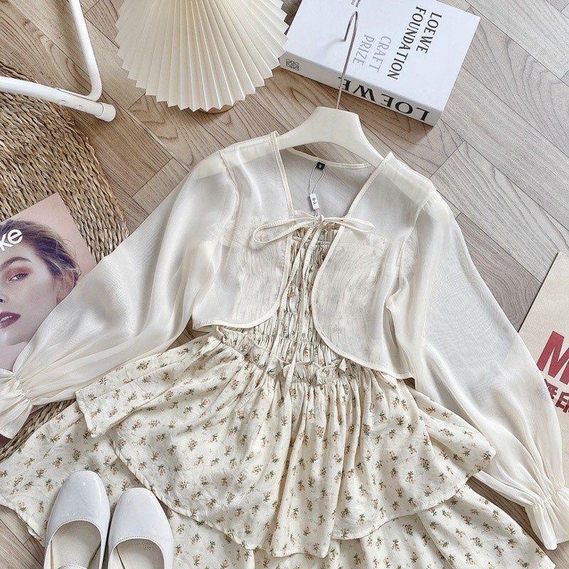 Set Áo Voan Kèm Đầm Xốp In Hoa Nhí Xiu Cute (Váy Có Lót)