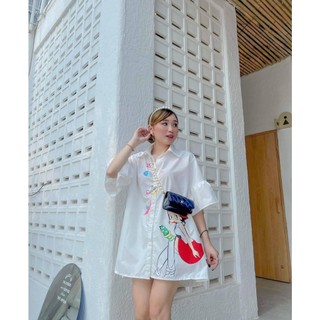 Đầm Von Sơ Mi Dáng Suông Cổ Bẻ Gài Nút Tay Lửng Ống Xòe Phối In Hình Cô Gái Sang Chảnh TTSA2011